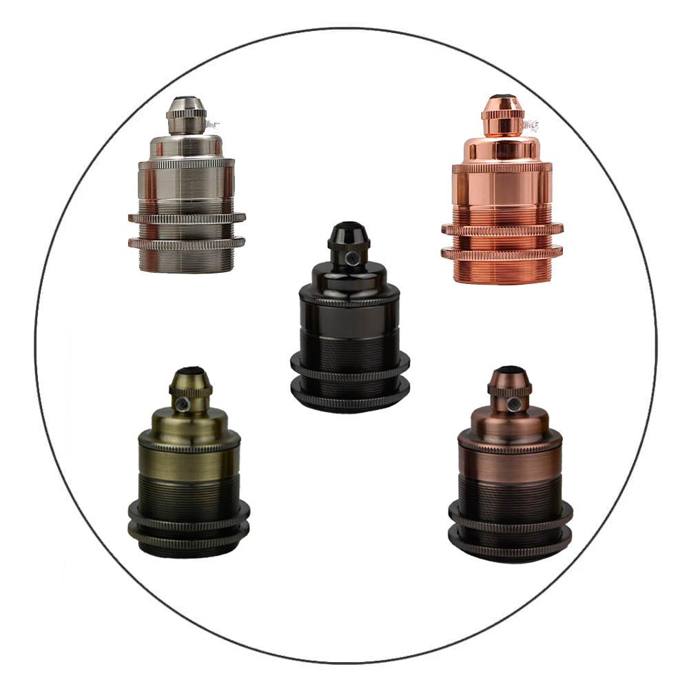 E27 Edison Screw Cap Socket Bulb Holder in various finishes including matt black, copper, rose gold, and satin nickel, showcasing its vintage design.